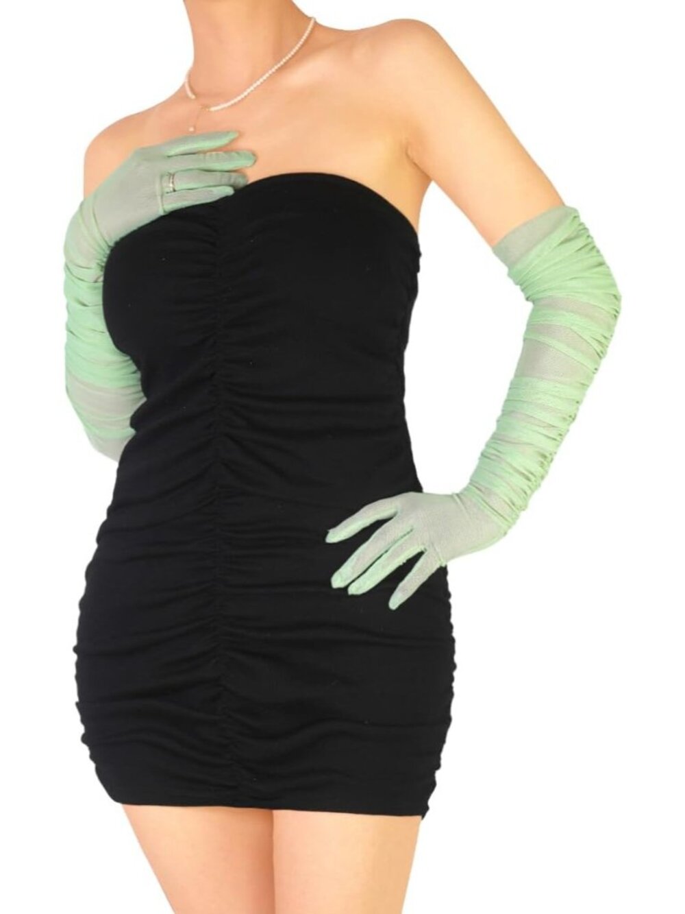 Women Green Ruched Sheer Mesh Tulle Extra Long Halloween Christmas Opera Gloves
